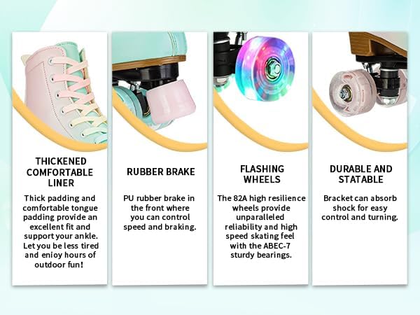 Miniatura 8 de SilverTree Patines de ruedas para mujeres y niñas, de piel sintética, para adultos, ruedas Derby con luz, cuatro ruedas brillantes