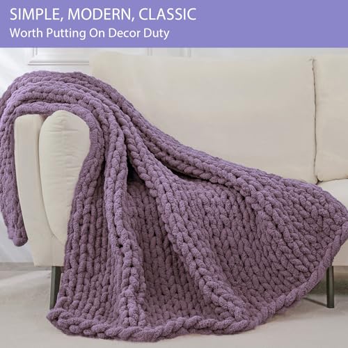 Bigacogo Chunky Knit Throw Blanket for Couch, 40x40 inches, 100% Hand Knitted with Thick Jumbo Chenille Yarn, Cozy Soft Large Rope Knot Cable Crochet Blankets for Sofa Bed Living Room, Winter Grape