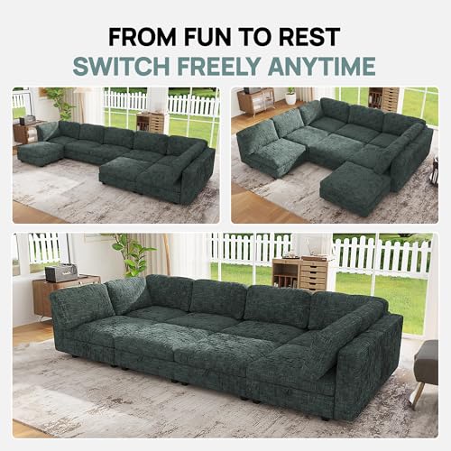 Image of 128 inch Modular Sectional Chenille Sofa bed with Hidden Storage, Comfy Modern 8 Seater Oversized Deep Seat Couch, Modular Sectional with Ottoman and Removable Cover for Living Room, Apartment, Green