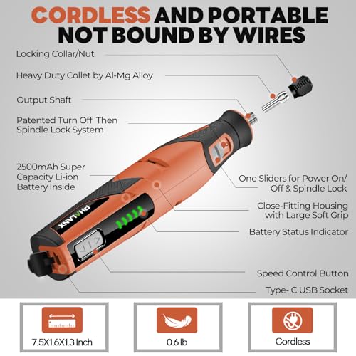 Rotary Tool - 4V Rotary Tool Cordless, Rotary Tool Accessories 64 PCS 2500mAh Battery, Preset 5 Speed Adjustment Grinder Tool for Cutting Sanding Carving Polishing Engraver DIY Crafts (Orange) — view 4