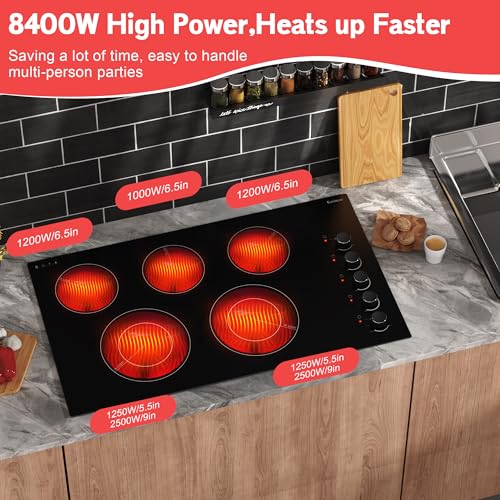 Image of Karinear 36 Inch Electric Cooktop Knob Control 5 Burners Radiant Stove Top | Hardwired 220-240V, No Plug, Built-in Design, Perfect for the elderly, 9 Power Levels, Residual Heat Indicator, 8400W, 40A