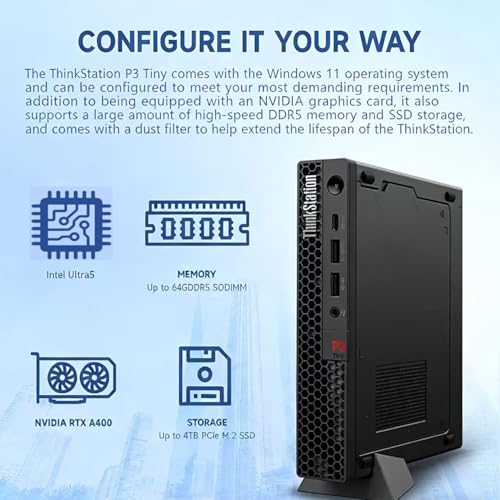 Image of Lenovo ThinkStation P3 Tiny Desktop Computer | Intel Core Ultra 5 CPU (10 Cores, Up to 4.9GHz) | 32GB DDR5 RAM, 2TB SSD | NVIDIA RTX A400 Graphic (4GB GDDR6 RAM) | WIFI7 | Dual 4K Display Support