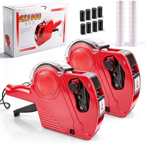 Lineba MX5500 Price Tag Gun, 2 Packs Pricing Guns with 11,000 Labels & 8 Refill Rollers, 8 Digits Label Maker Pricing Label Gun Kit, Red Numerical Tag Gun for Grocery Retail Store & Office