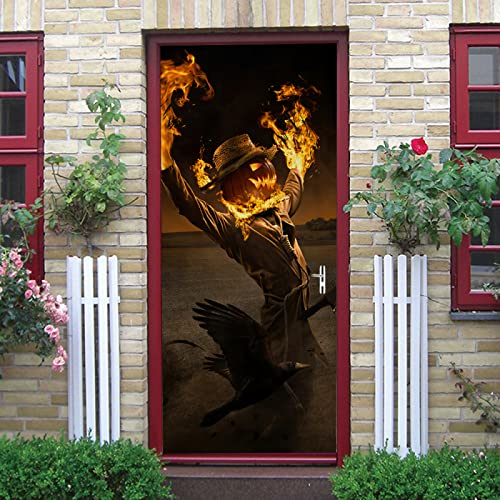 LNSIN Calcomanías artísticas para puerta de llama, calabaza, 35.4 x 199.7 cm, arte de pared 3D, vinilo autoadhesivo, bricolaje, extraíble, PVC, impermeable, decoración del hogar