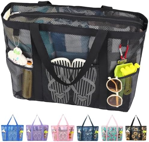 Fammart Mesh Beach Bag with Zipper for Women, Large Beach Tote Sa...