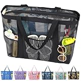 Fammart Mesh Beach Bag with Zipper, Large Beach Tote for Wom...