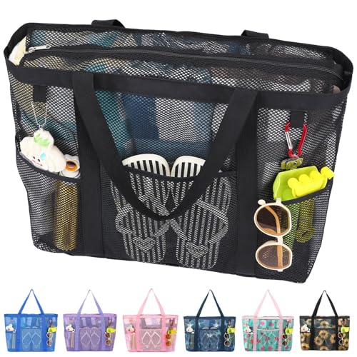 Fammart Mesh Beach Bag with Zipper, Large Beach Tote for