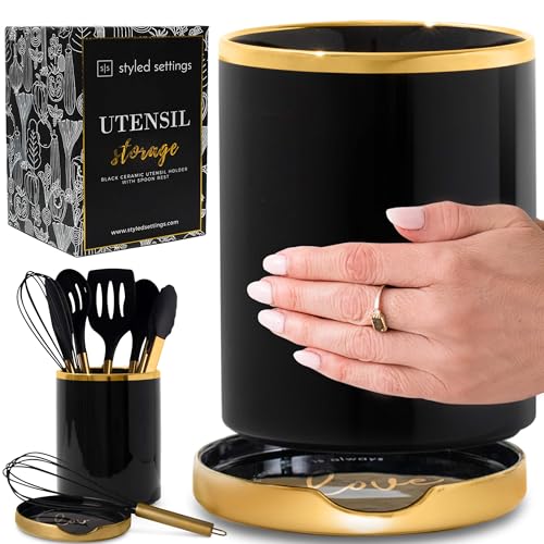STYLED SETTINGS Black and Gold Utensil Holder with Built-in Spoon