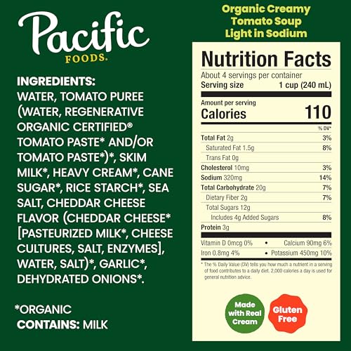 Image of Pacific Foods Light in Sodium Organic Creamy Tomato Soup, 32 oz Carton (12 Pack)