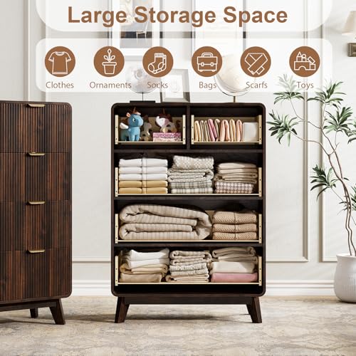 Image of QUW Fluted 5 Drawers Dresser for Bedroom, Modern 40.2 inch Tall Drawer Dressers with Metal Handle, Wooden Chest of Dresser for Living Room, Hallway, Solid Wood Legs, Curved Profile Design, Dark Walnut