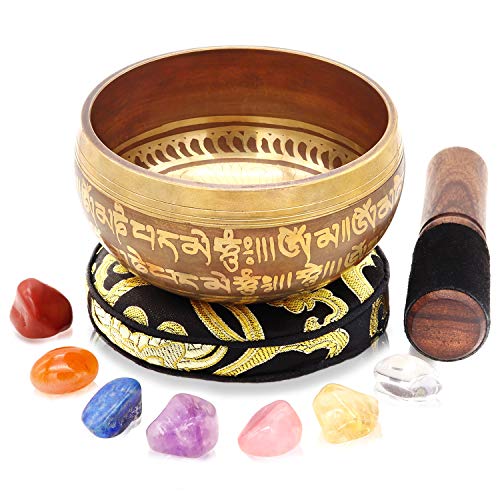 Tibetan Singing Bowl Set - 7 Chakra Crystal stones - For Meditation, Mindfulness, Yoga, Spiritual and Body Healing and Energy Cleansing
