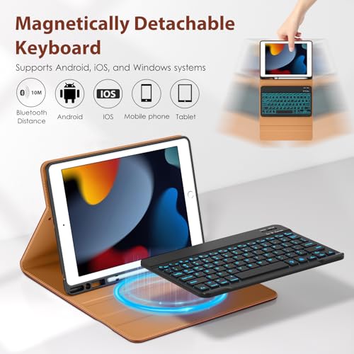 Image of DTTO for iPad 9th /8th /7th Generation 10.2 Inch Case 2021 /2020 /2019 with Keyboard, 7 Colors Backlit Wireless Detachable Keyboard Premium Leather Folio Cover with Pencil Holder & Pocket, Brown