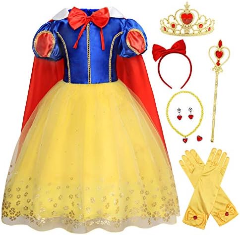 HenzWorld Girls Princess Costume Dresses Birthday Party Supplies Halloween Cosplay Role Pretend Jewelry Gloves Headband Accessories Clothing Set Blue Yellow Patchwork Long Outfits 5-6 Years