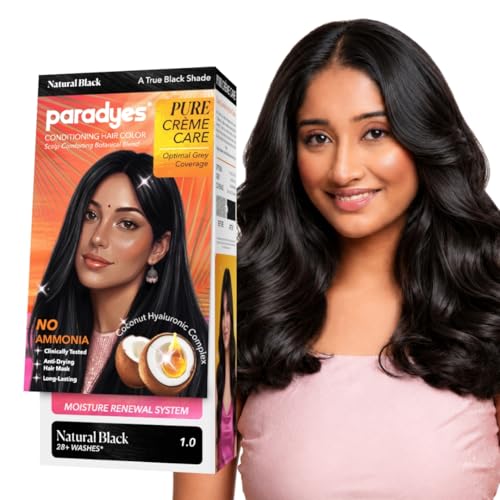 Image of Paradyes Pure Creme Care No Ammonia Hair Color Natural Black 1.0 | Long-Lasting Creme Formula | Grey Coverage | Coconut Milk + Almond Oil + Hyaluronic Complex | Smooth & Shiny Finish | 60g+10 ml