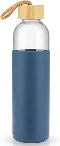 Cafezi Botella de agua de vidrio de 24 onzas con tapa de bambú y funda de silicona, botella de jugo de vidrio para jugo, botella de vidrio