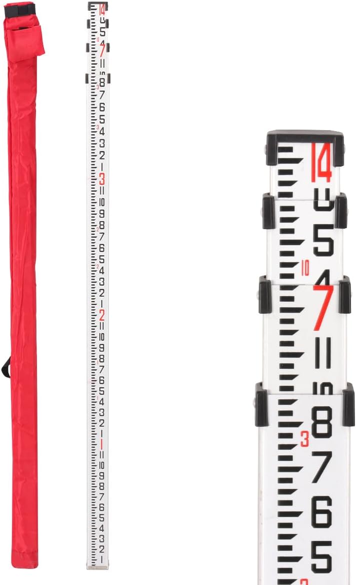 Grade Stick, 14-Foot Dual Sided Aluminum Grade Rod - 10ths, 4 Sections Telescopic Leveling Rod with Bubble Level - Laser Level Stick with Soft Carrying Bag for Construction (14FOOT 10TH)