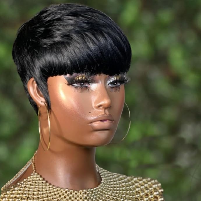 Pelucas de cabello humano para mujeres negras, pelucas cortas de corte Pixie, pelucas cortas de corte de pelo en capas con flequillo, pelucas hechas