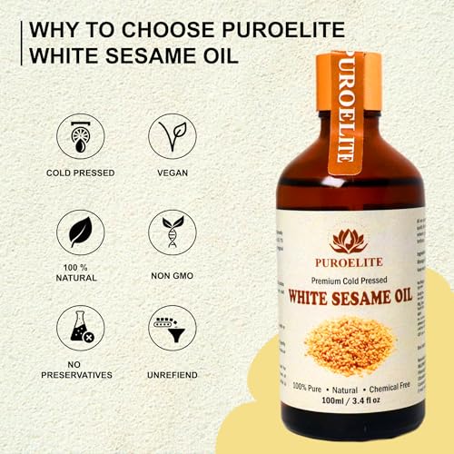 Image of Premium Cold Pressed White Sesame (Til ka tel) 100% Pure & Natural for, Face, Hair, Glowing Skin, Pain relief, Glass bottle with dropper, 100 ml
