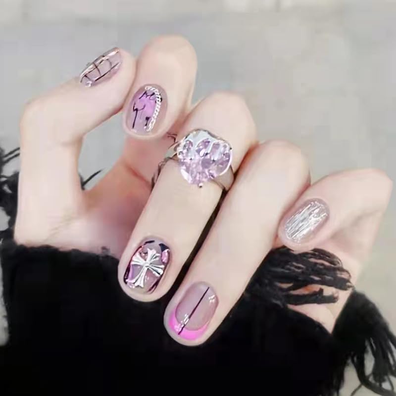 Gothic Cross Design Press-On Nails with Easy Glue Tab application, Pink and Silver Metallic Finish, Reusable & Unbreakable Stick-on Nails for Women-image-43