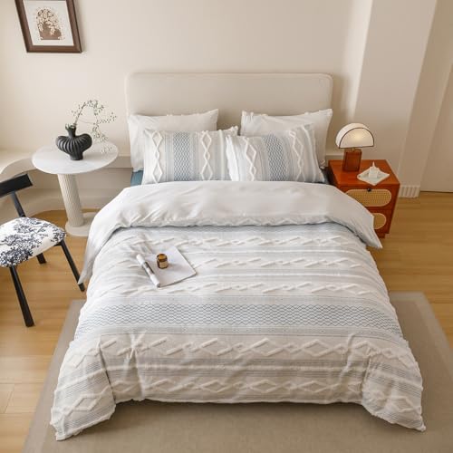 Image of KAREVER Ivory Blue Boho Comforter Set Twin Mixed Textures Jacquard Bedding Set Durable Chic and Stylish Bedroom Set