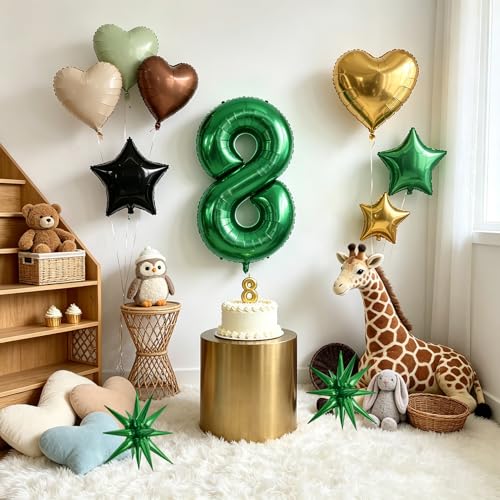 Image of TONIFUL 8th Birthday Balloons 40 Inch Green Large Number 8 Foil Balloon 18 Inch Helium Mylar Heart Star Shaped Ballons for Boys Men Birthday Anniversary Graduation New Year Eve Party Decoration