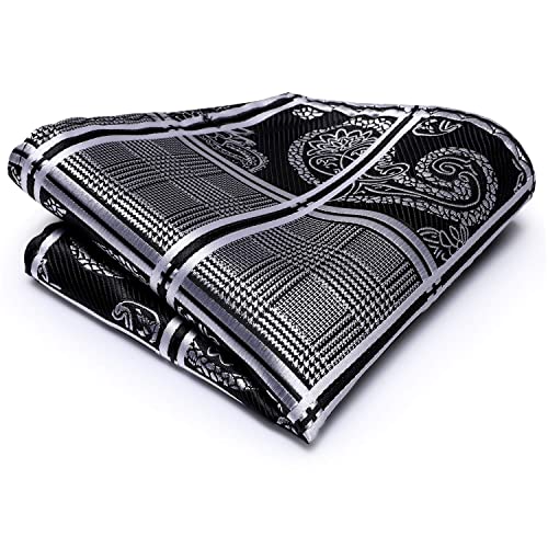 Image of Hi-Tie Mens Plaid Ties Classic Paisley Necktie with Handkerchief Cufflinks Set Business Stripe Tie