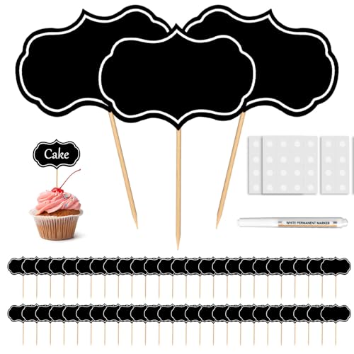 Cure diente con bandera negra, 50 paneles de aparador de queso marcador blanco, etiqueta de pizarra de alimentos, forma de mesa, papel en blanco para cupcakes, decoración de tartas, fiesta o boda