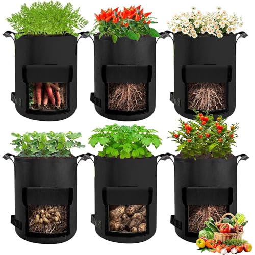 SunStream Potato Grow Bags with windows (15Gal-6Pack) 67L Breathable Fabric Plant Vegetable Growing Bag Planting Tomatoes, Vegetables, Strawberry with Window Flap and Handles