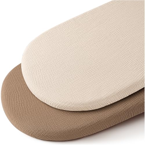 Image of Konssy Muslin Bassinet Sheets for Baby Girl Boy, 2 Pack Soft Breathable Baby Bassinet Mattress Sheets Fit for Hourglass Oval Cradle, Moses Basket Rectangle Mattress (Brown,Summer Wheat)