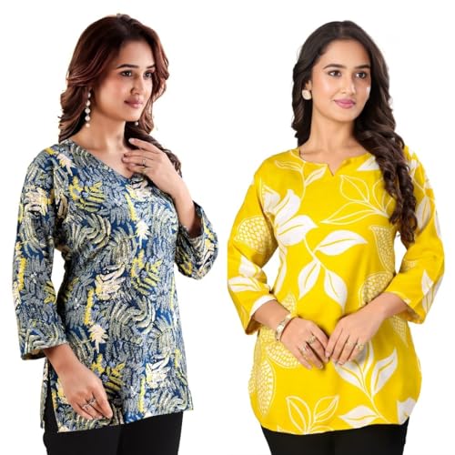 Image of Women's Cotton Printed Short Kurti, Round Neck, Three Quarter Sleeve, Straight Fit, Pack of 2