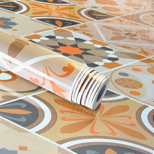 Image of Self-Adhesive Wallpaper-Ceramic Tile Design, Peel and Stick Decorative Wall Covering, PVC Oil-Proof & Waterproof Interior for Kitchen, Bathroom, Hall,Home Decor (Floral 60x200cm) (Pack 1)