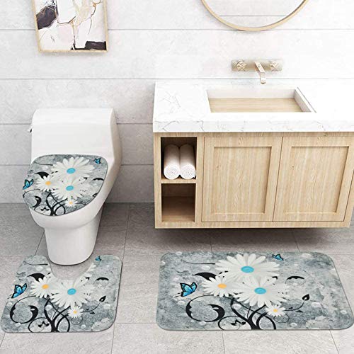 Ikfashoni 4 Pcs Floral Butterfly Shower Curtain Set With Rugs, Toilet Lid Cover Bath Mat, White Daisy Shower Curtain With 12 Hooks, Fabric Farmhouse Rustic Shower Curtain For Bathroom #TOP3