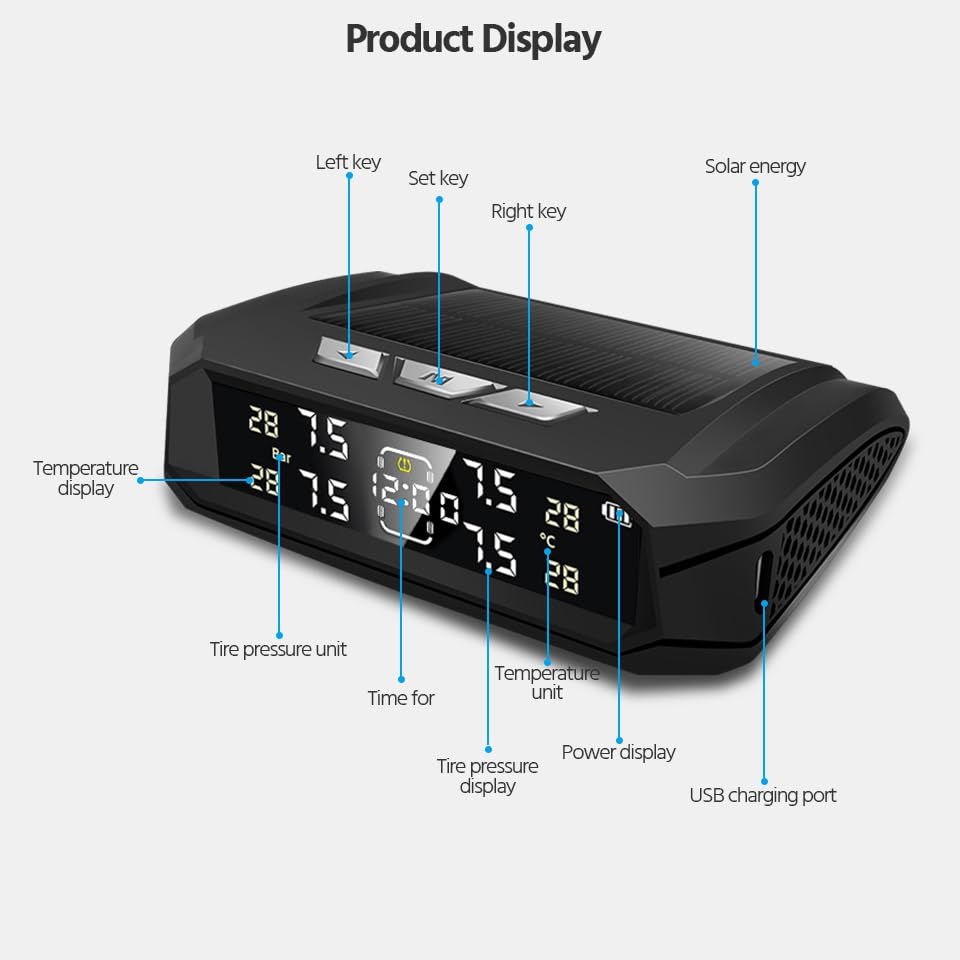 Tpms Monitor de Alarma presión neumáticos Coche con energía Solar, Sistema Seguridad automático, Pantalla Digital, 4 sensores inalámbricos(K10P)