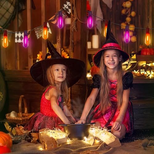 Image of GOOTHY LED Outdoor Halloween Orange and Purple String Lights 10Ft Halloween Decorations Lights with 11 Shatterproof Bulbs, Hanging Patio Lights Outdoor Waterproof for Party Backyard Garden Decor
