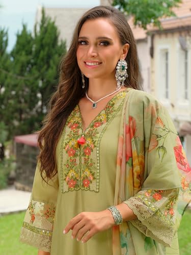 Image of INDO ERA Women's A-Line Silk Blend Floral Embroidered Kurta & Pant with Dupatta Set (IEOUT10970)