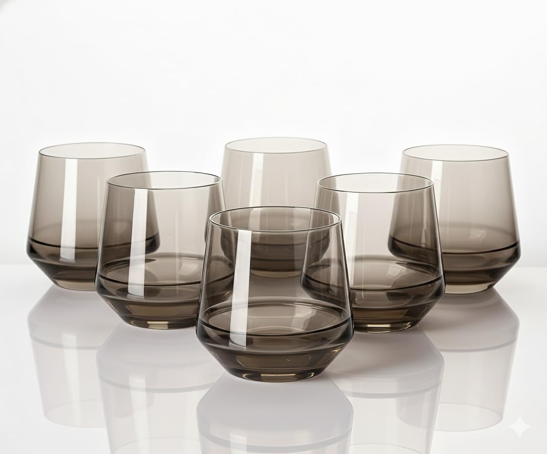 Colorsavant Stemless Wine Glasses Set 6【Smokey Sand Wine Glasses Stemless】 Gray Short Tumbler【14oz】 Gray Glassware for Wine or Soft Drinks,Unique Wine Gifts for Valentines Day