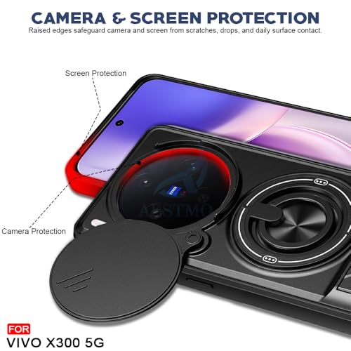 Image of AESTMO Vivo X300 5G Back Cover | Armor Camera Slider 360 Degree Rotating Finger Ring Holder Case with Bracket Stand Back Case Cover for Vivo X300 5G (Compatible with MagSafe Wireless Charging)(Black)