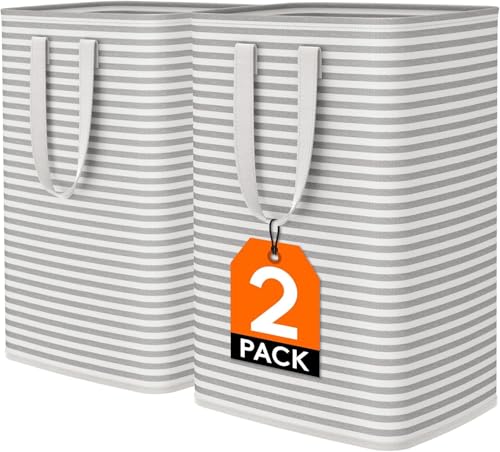 Purfex 2-Pack Laundry Basket 80L Waterproof Freestanding Large Laundry Hamper Collapsible Tall with Easy Carry Handles for Clothes Room Bedroom Bathroom Dorm-(Grey)
