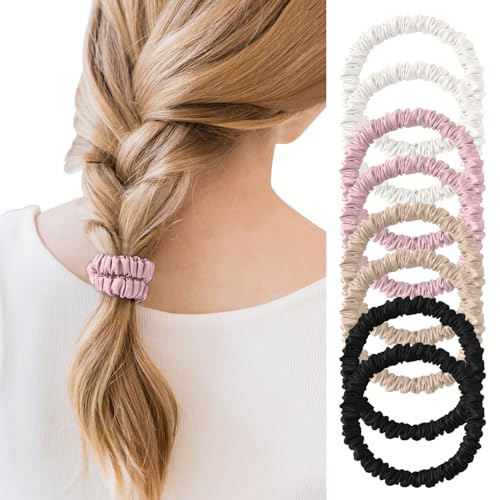 8Pcs Mulberry Silk Scrunchies Set, Silk Hair Ties Elastic for Women, Skinny Scrunchies Reduces Breakage for All Hair Types Srevelacrunchies Set Women Curly Thin Hair (Pink,Blonde,White,Black)
