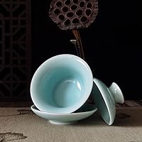 Vista 6 de Gaiwan Kung Fu - Juego de tazas de té y platillo de porcelana con tapa, 5 onzas (azul cielo)