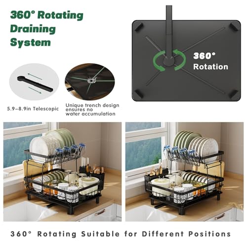 2 Tier Dish Drainer Rack for Kitchen with Drip Tray, Sink Drainer with 360° Swivel Drainage Spout, Dish Drying with Cups, Utensil & Cutting Board Holders for Kitchen Counter Space-Saving, Black