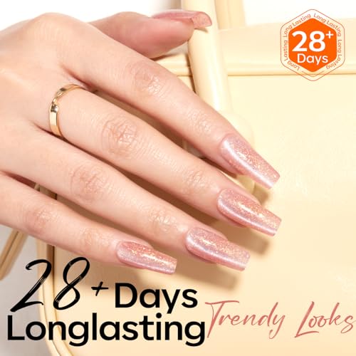 Image of modelones Nude Cat Eye Pink Gel Polish 9D Cateye with Magnet Gold Glitter Gel Nail Polish Shimmer U V Soak Reflective Translucent Jelly Gel Magnetic Nail Polish 15 ML