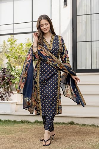 Image of MEERA FAB Women's Cotton Blend Straight Printed Kurta with Palazzo & Dupatta