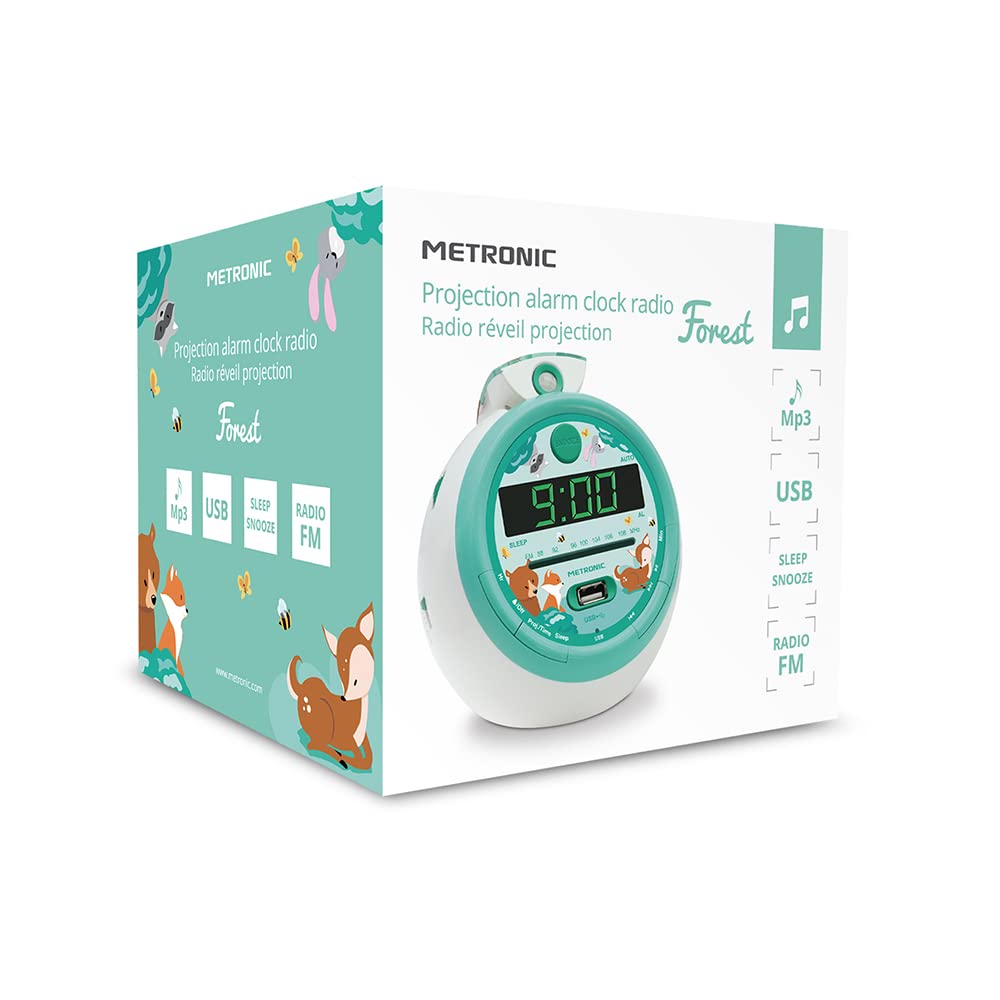 Metronic 477343 - Radio Reloj Despertador Digital para niños, con Reloj proyector Techo para Leer la Hora, diseño Infantil Forest con Animales del Bosque, Doble Alarma Radio FM, Toma USB