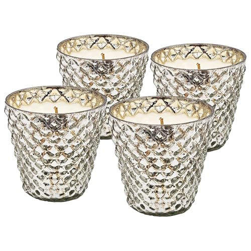 aphrophina Set of 4 Scented Soy Wax Candles with Silver Antiqued Glass Holders, Earl Grey Scent, Elegant Home Decor
