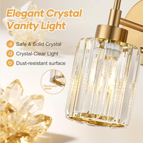 Image of Modern Crystal Bathroom Vanity Light, 2-Pack Brushed Gold Vanity Light with Clear Crystal Shades, Bathroom Light Fixtures Over Mirror (Bulbs Not Included)