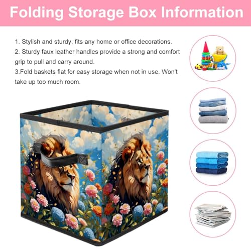 Boîte de rangement pliable durable à poignées cuir et motif lion mignon