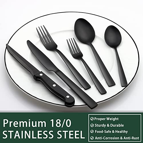 Image of EWFEN 24-Piece Black Silverware Set with Steak Knives, Black Flatware Set for 4, Food-Grade Stainless Steel Tableware Cutlery Set, Mirror Finished Utensil Sets for Home Restaurant, Square Edge