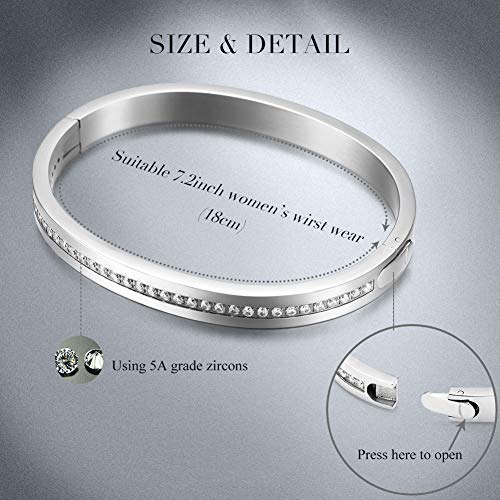 Cuff Bracelet With Cz For Women Stainless Steel Metal And Spring-Clasp Gold Silver Black Plated Chunky Cuff Bangle Jewelry For Girls Gift (Cz White) #TOP4