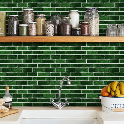 QBYRSSS Exquisite Tile Stickers Emerald Green Brick Stick on Tiles for Bathroom Kitchen Home Decors PVC Waterproof Oilproof Peel and Stick Self Adhesive Wall Tiles 15x30 cm/18 pcs